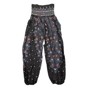 Bibis Journey Women Black Peacock Feather Print Smocked Harem Pants Boho Relaxed